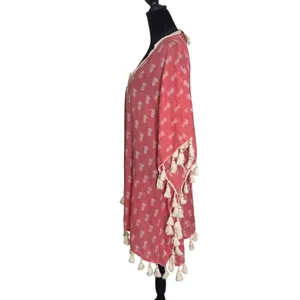 Coral Pink Pineapple Print Swim Cover Up Poncho Size S M Tassels Beach Resort thumbnail 3