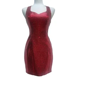 VTG Y2K Sequin Cocktail Mini Dress XS Red Metallic Sweetheart Racerback 90s Glam thumbnail 3