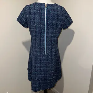 Sail to Sable Tweed Short Sleeve Shift Dress Tiered Hem Navy Blue/Green Size 6 thumbnail 5