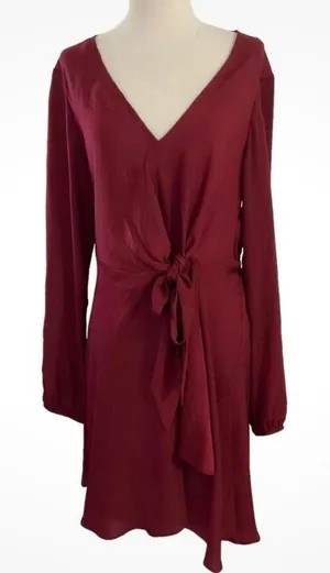 Express Women Size Medium Dress Maroon Long Sleeve Ruffle Hem | 6-967 thumbnail 1