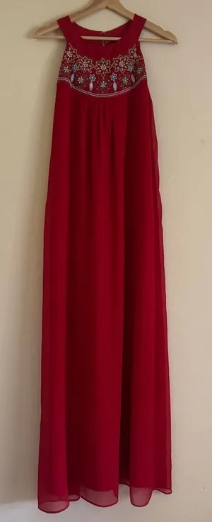 Sabine Red Chiffon Boho Colorful Floral Beaded Maxi Formal Dress Size Small thumbnail 1