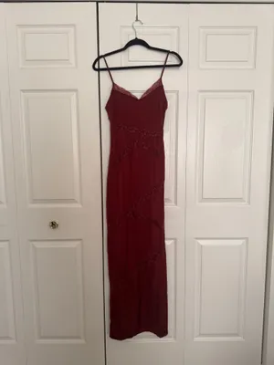 Meshki Deep Wine Red Lace Cutout Satin Effect Maxi Dress thumbnail 4