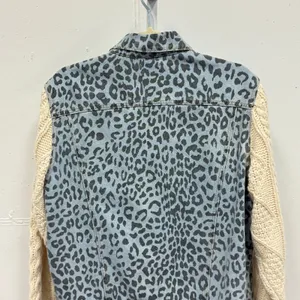 POL Leopard Print Denim Jacket Cable Knit Sleeves Blue Cream Small Oversized thumbnail 6