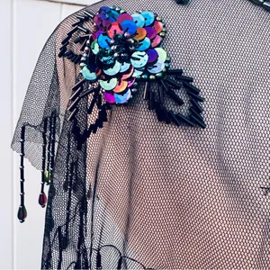 Vintage Beaded Black Mesh Caplet Collar Scarf with Fringe & Sequins thumbnail 11