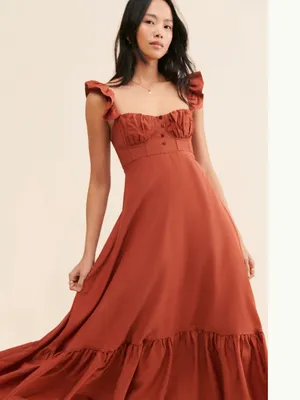 Farm Rio Ruffle-Sleeve Rust Midi Dress thumbnail 4