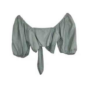 Abercrombie & Fitch Green Linen Tie Front Puff Sleeve Crop Top Womens Size Small thumbnail 2
