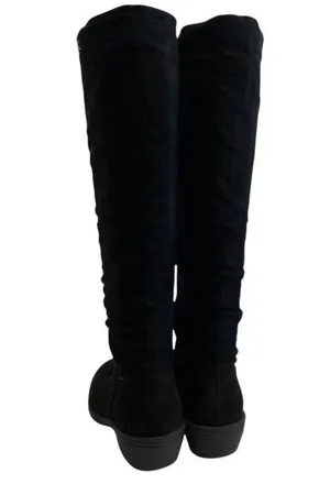 Steve Madden Fia Aven Grunge Black faux suede leather knee-high riding boots MK gold logo #gothic #whimsygoth boho western indie hippie country #harness #campus #riding equestrian festival biker thumbnail 3