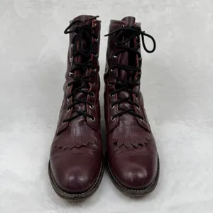 Justin L510 Burgundy Leather Lace Up Roper Boots Kiltie Fringe USA Made‎ 7B thumbnail 3