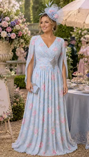 Boutique #3-15 Aqua floral  drape back dress. thumbnail 1