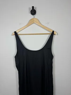 Abercrombie Black Satin Slip Midi Dress Scoop Neck Side Slit Size L thumbnail 9