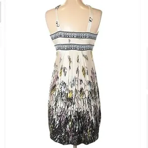 BCBGMAXAZRIA Women's Size XS Halter Sun Dress‎ Cream Blue Floral Surplice Neck thumbnail 2