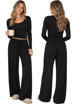 Nuuds Wide Leg Lounge Pants Women's Large Black Loungewear Comfy Relaxation Cozy thumbnail 2