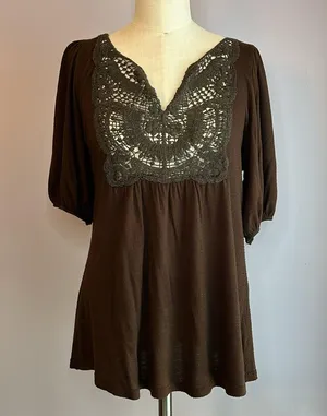 Dark brown crocheted lace bib front elbow puff sleeve top thumbnail 1