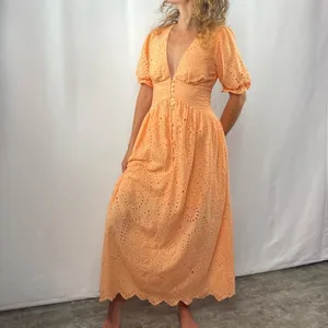 Sundress Deep V Eyelet Puff Sleeve Maxi Dress in Orange‎ Size Extra Small thumbnail 3