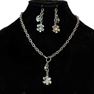 Perch silver tone flower drop pendant necklace and earrings thumbnail 1