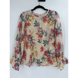 LOFT Floral Blouse Women XS Cream Gold Metallic Shimmer Puff Sleeve Cottagecore thumbnail 3