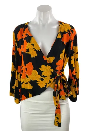 Topshop Women's Black Coral Floral Long Sleeve V Neck Wrap Blouse Top Size 6 thumbnail 1