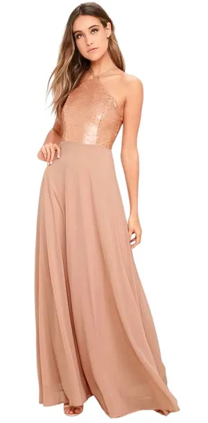 Lulus The Best Part Matte Gold Sequin Maxi Dress size Medium NWT thumbnail 1