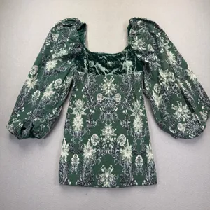 Free People Chloe Mini Dress Green Floral Velvet Square Neck Balloon Sleeve M thumbnail 1
