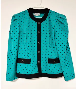 Classic Apparel Ltd 80s Vintage Teal Polka Dot Button Front Blazer Puff Shoulder thumbnail 1