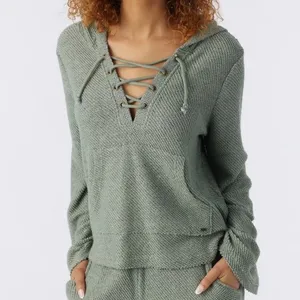 ONeill Tanya Hoodie Sage Green Lace Up Bell Sleeve Hooded Sweater Knit Top M‎ thumbnail 2