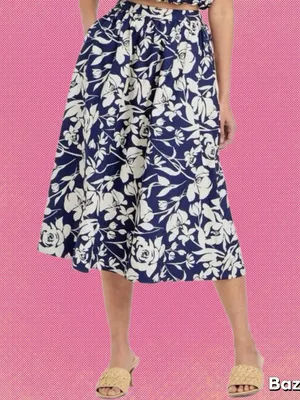 NWT Floral Navy and White A-Line Cotton Midi Skirt with Pockets thumbnail 1
