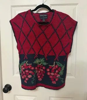 Herman Geist Vintage Hand Embroidered Grape Sweater Vest Red Navy‎ Linen Blend M thumbnail 1