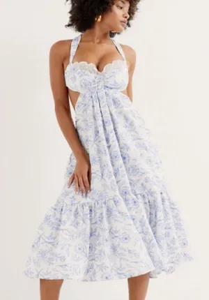For love and lemons Maisie midi dress linen blend white blue size large thumbnail 1