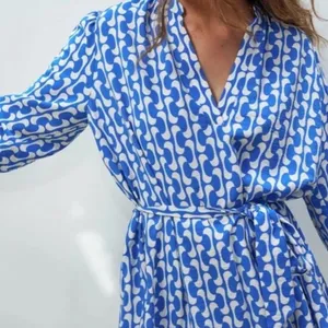 Zara Paula Blue/White Geometric Long Sleeve Mini Swing Dress Size Medium thumbnail 2