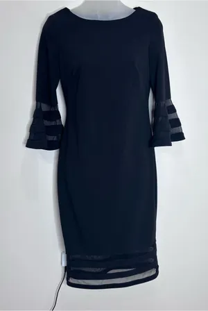 Calvin Klein Black Midi Sheath Dress Tiered Mesh Sleeves size 2 Classic thumbnail 1