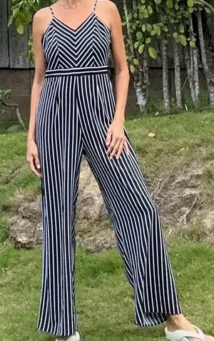Active USA Womens Black White Striped Chevron-style V-neckline Jumpsuit Large thumbnail 1