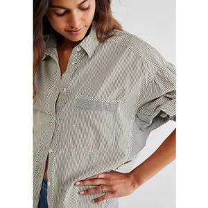 Free People Oversized Happy Hour Oxford Button Down Shirt Small Preppy Stripes thumbnail 5