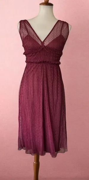 ZARA Burgundy Swiss Dot Mesh Midi Dress Small Sheer V-Neck Ruffle thumbnail 1