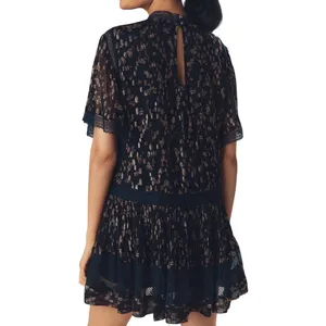 NWT Anthropologie Maeve V-Neck Lurex Tiered Mini Dress Navy Metallic Size Medium thumbnail 2