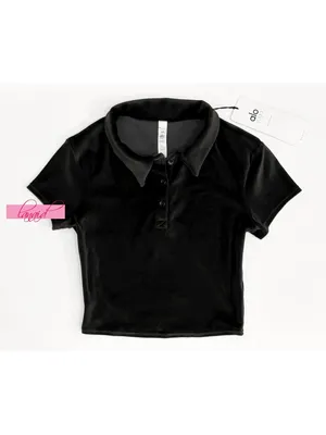 Alo Velour Choice Polo Black Velvet Fuzzy Cropped Short Sleeve Henley Crop Top thumbnail 6