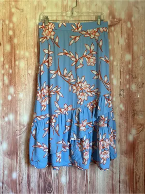 Talbots Blue Flowing Orange Hibiscus Ruffle Tiered Midi Skirt Size M thumbnail 2