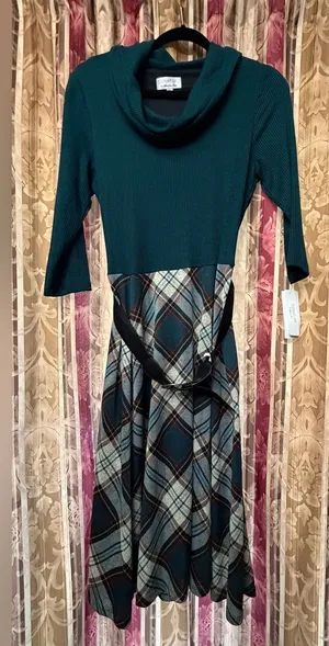 NWT Robbie Bee Teal Plaid Cowl Neck Belted Sweater Dress L thumbnail 1