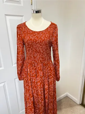 Susina Floral Smocked Bodice & Tiered Midi Dress Orange Burnt Orange Size Large thumbnail 5