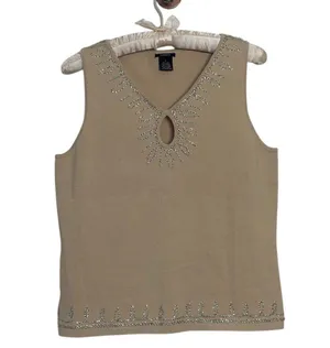 Vintage Silk Keyhole Stretch Knit Rhinestone Y2K Tank Top Beige Silver Boho Chic thumbnail 1