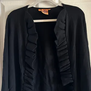 Tory Burch Black Merino Wool Ruffle Trim Open‎ Front Cardigan Sweater Sz Med thumbnail 4