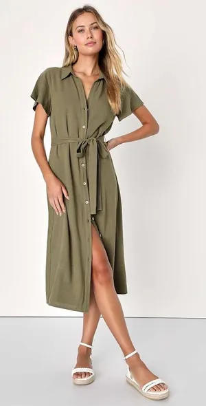 NWT Lulus Italian Summer Olive Green Linen Button-Up Short Sleeve Dress Size M thumbnail 1