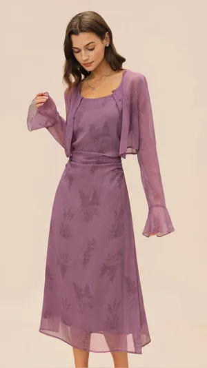 Rihoas 2 pieces Purple Floral Ruched Slip Midi Dress thumbnail 1