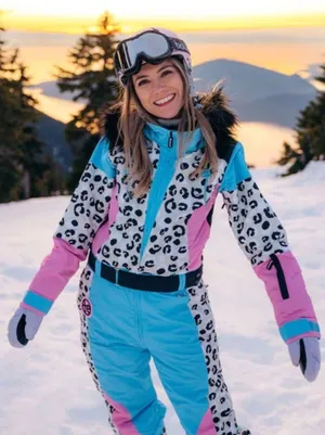 Tipsy Elves Ski Snow Suit Women's Size XS Snow Leopard Pink Blue Faux Fur Read thumbnail 1