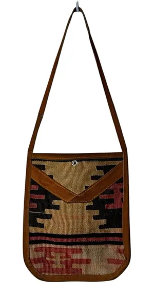 Kilim Jute Handmade Wool Leather Crossbody Bag Southwestern Aztec Boho Hippie thumbnail 1