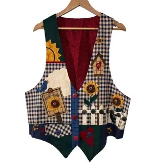 Handmade Autumn Patchwork Gingham Sunflower Cotton Vest Size L thumbnail 1