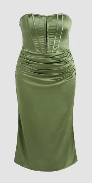 Olive Green Strapless Ruched Smocked Back Maxi Dress: Size 26 thumbnail 1