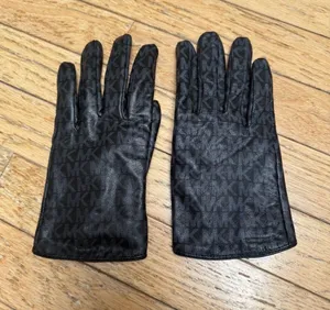 Michael Kors Women’s Black Leather Logo Print Gloves, size Large thumbnail 1