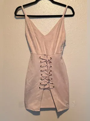 Nude Faux Suede Lace Up Bodycon Mini Dress | Blush Pink | Corset Detail | Small thumbnail 2