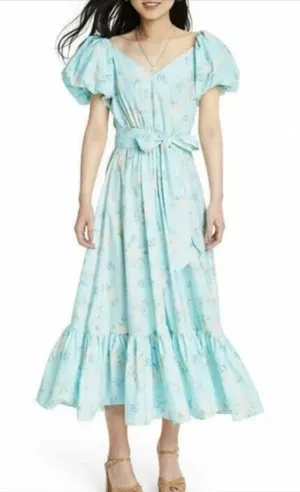 LOVESHACKFANCY X TARGET Floral Puff Sleeve Midi Dress Blue Sz 0‎ thumbnail 1