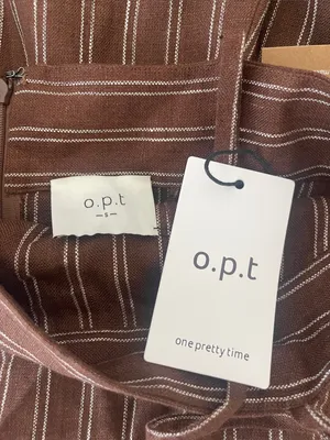 NWT o.p.t Gizele Linen Dress size Small S brown white stripe midi few moda thumbnail 6